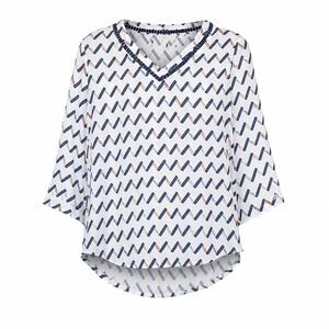 41 Hawthorn Blouse Women Small White Navy Orange Good Pom Pom V-Neck 3/4 Sleeve